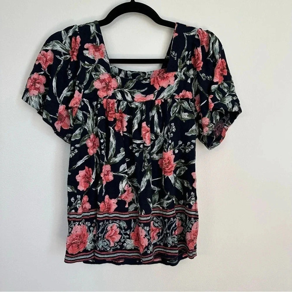 Lucky Brand Women's Short Sleeve Navy Floral Square Neck Top Size S GUC - Picture 2 of 8